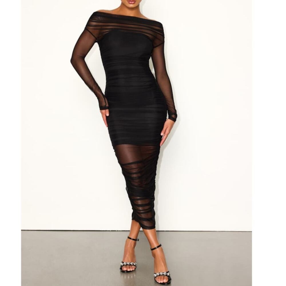 NEW Lulus Sunama Black Mesh Ruched Long Sleeve Bodycon Cocktail Midi Dress Small